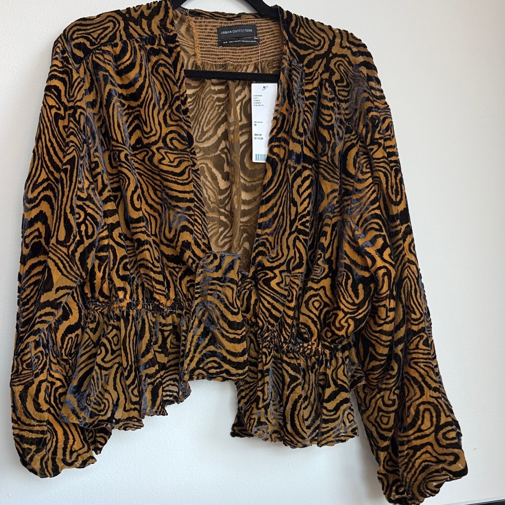 Urban Outfitters Brown and Black Animal-Print Ruffle Hem Blouse NWT